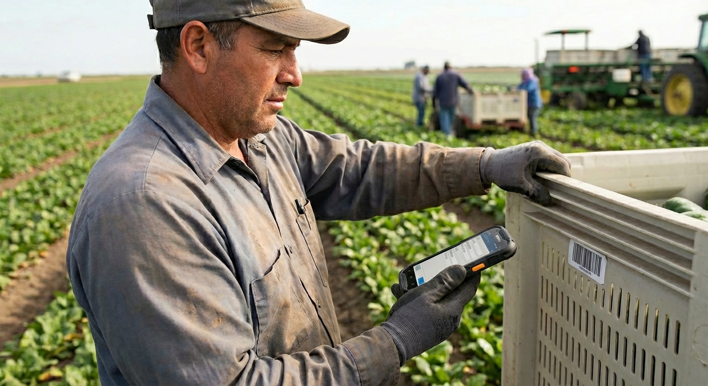 Production technician using tablet for industrial data entry