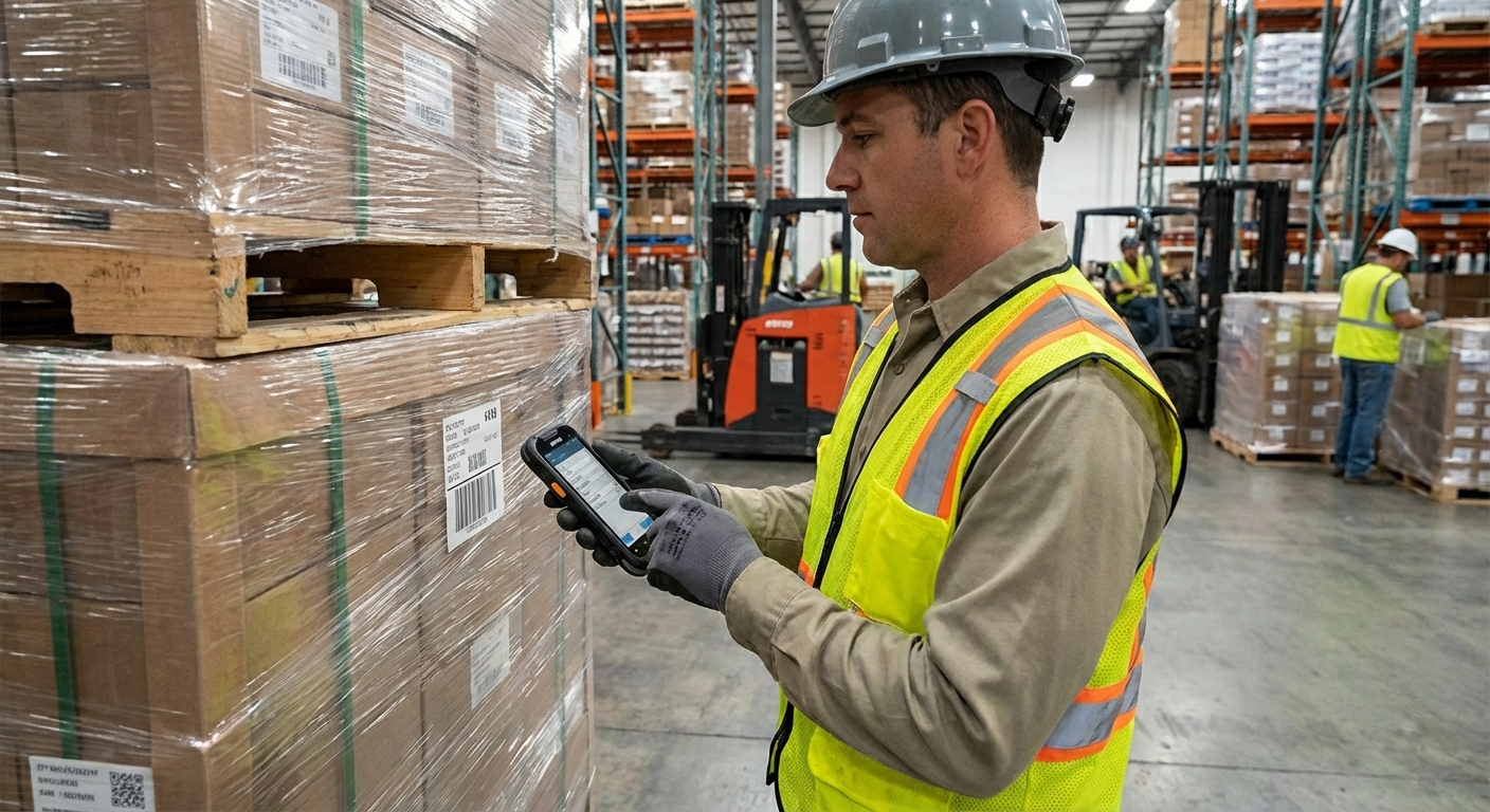 Warehouse worker with hard hat using MDE device to scan pallets